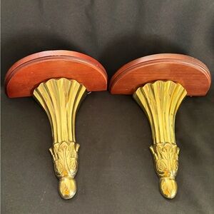 RARE Vintage Brass & Wood Shelves